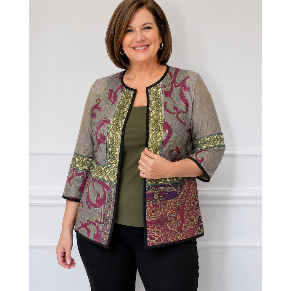 Peck & Peck Printed Jacket Blazer XL Linen Blend Open Front